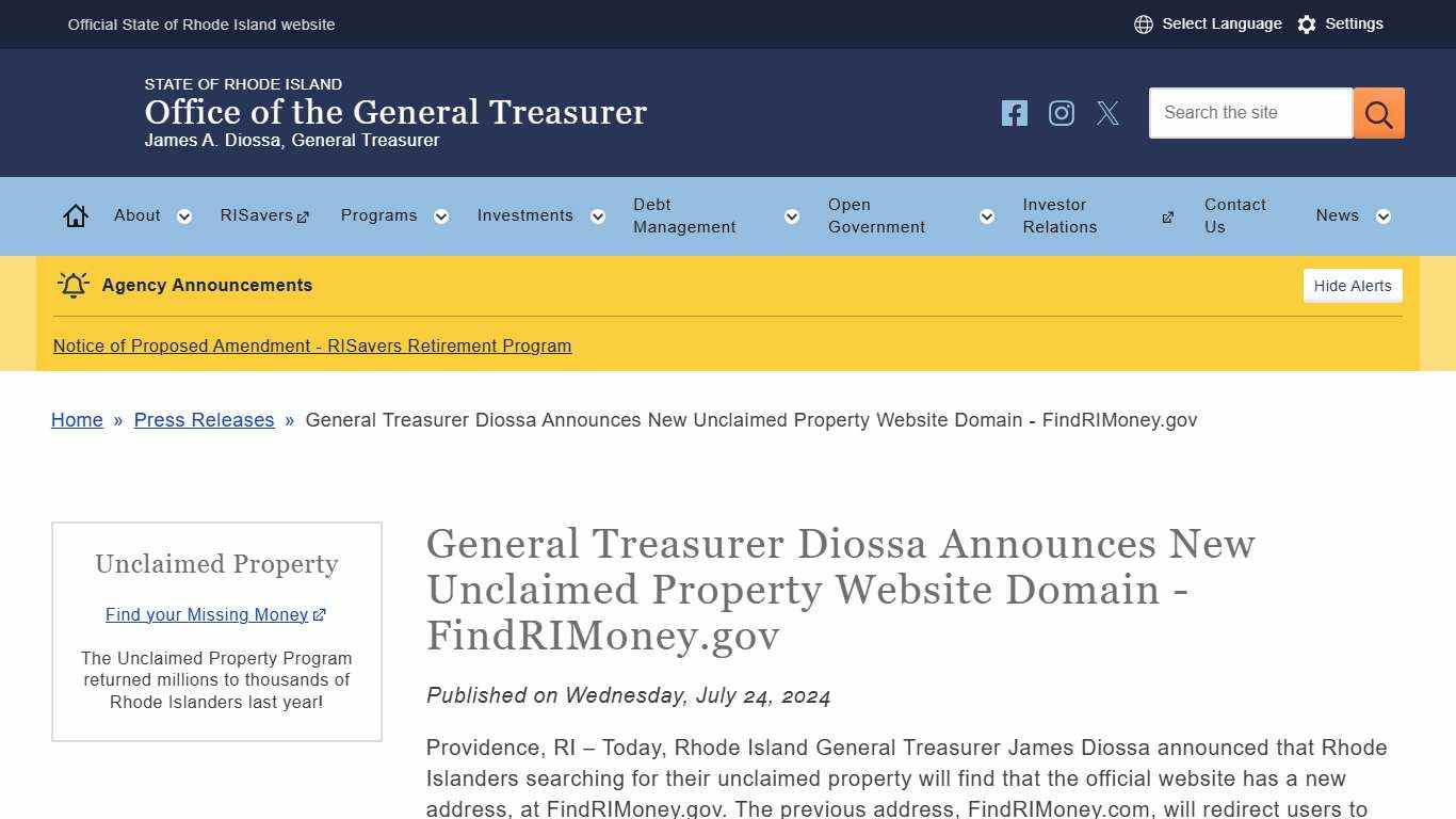 General Treasurer Diossa Announces New Unclaimed Property Website Domain - FindRIMoney.gov Rhode Island Office of the General Treasurer